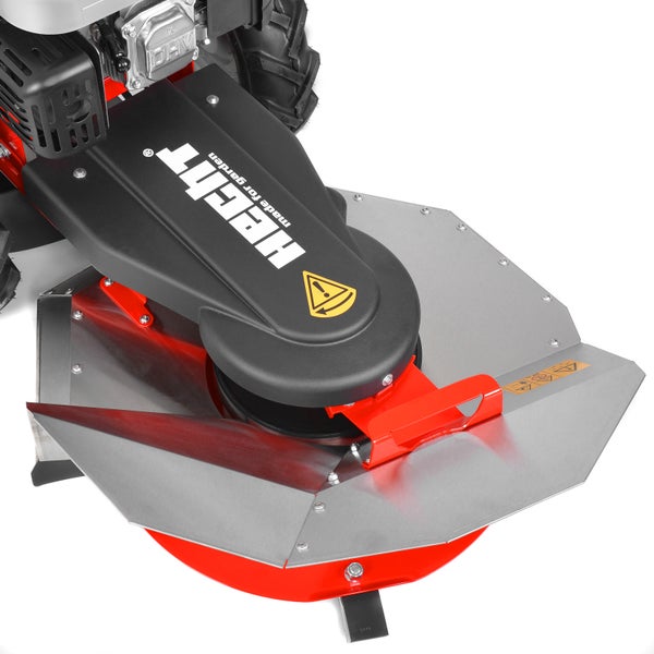 Detailaufnahme eines Hecht Mulchmähers mit Sicherheitsvorkehrungen und Hecht Logo