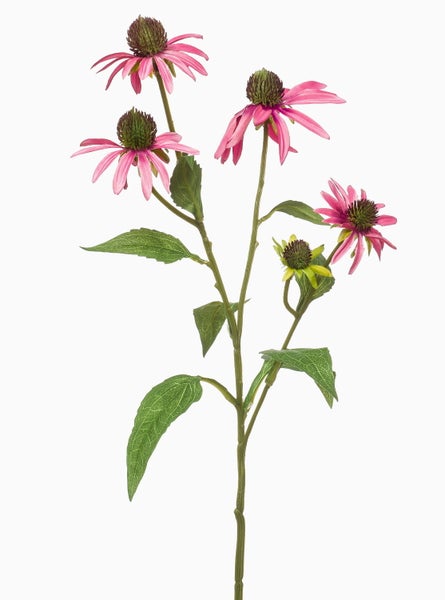 Künstliche Echinacea mit rosa Blüten, grünen Blättern und dunklen Blütenmitten.