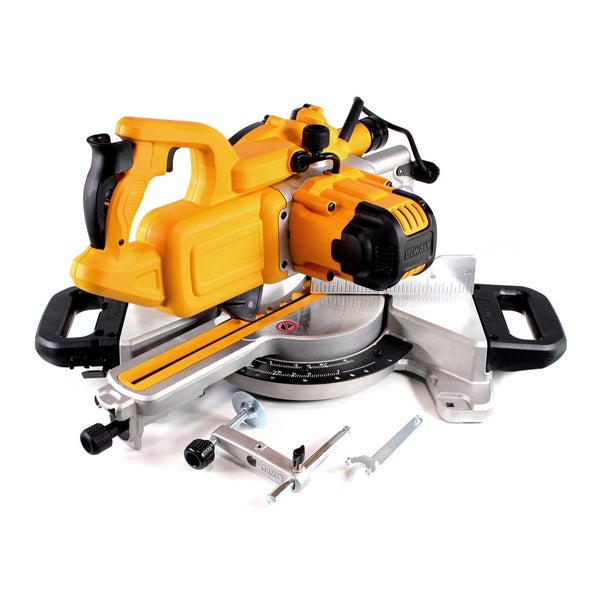 DeWalt Kapp- und Gehrungssäge mit Werkstückklemme und Montageschlüssel.
