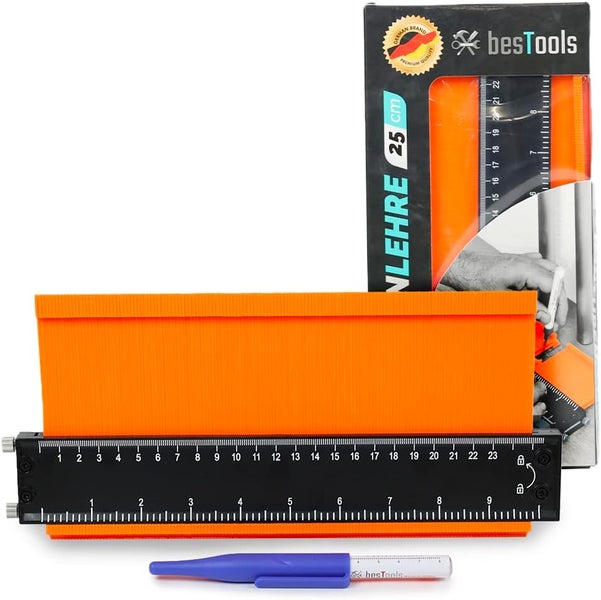 besTools Konturenlehre 25 Zentimeter mit Feststeller, Markierstift, Verpackung mit Qualitätssiegel und besTools Logo.