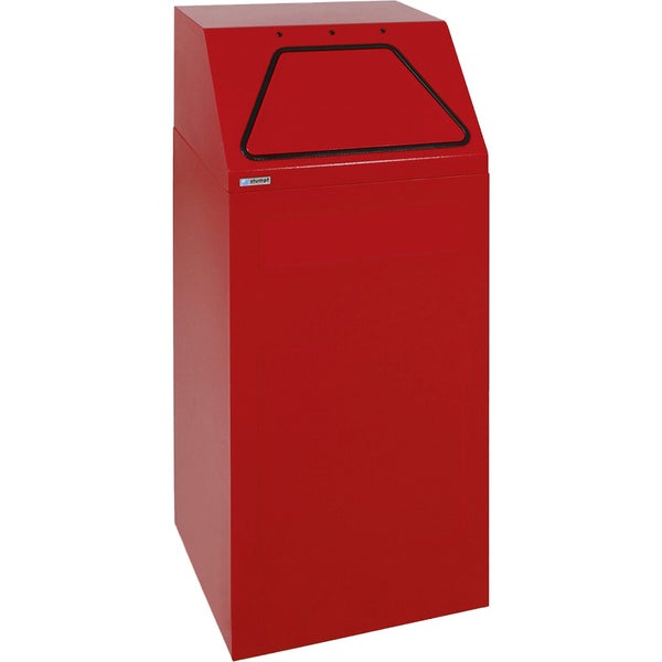 Roter Stumpf Müllsammler aus Metall mit Schrägdeckel und Einwurfklappe.