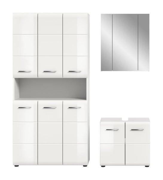 Badezimmermöbel-Set bestehend aus Hochschrank, Spiegelschrank und Waschbeckenunterschrank in Weiß Hochglanz mit silbernen Griffen.