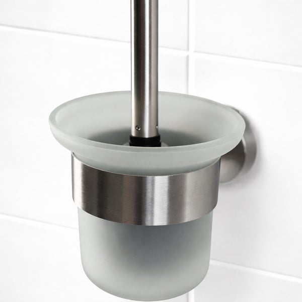 Wand-WC-Bürstengarnitur aus satiniertem Glas mit Halterung in Edelstahl-Optik.