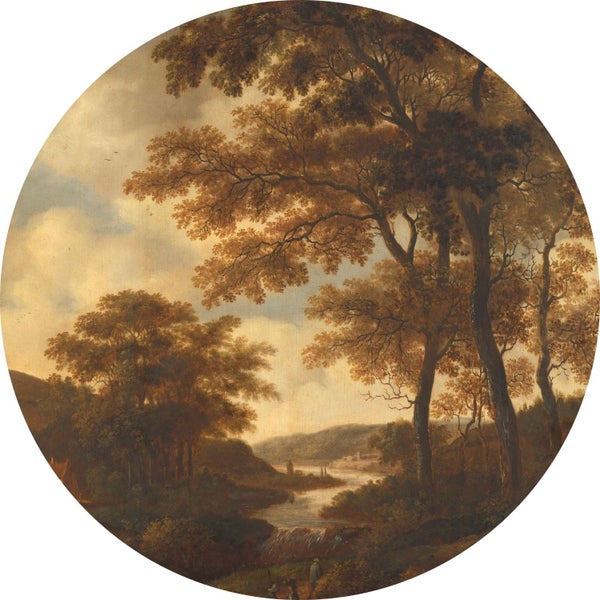 ESTAhome selbstklebende runde Tapete bewaldete Landschaft Orange - Ø 70 cm - 158988