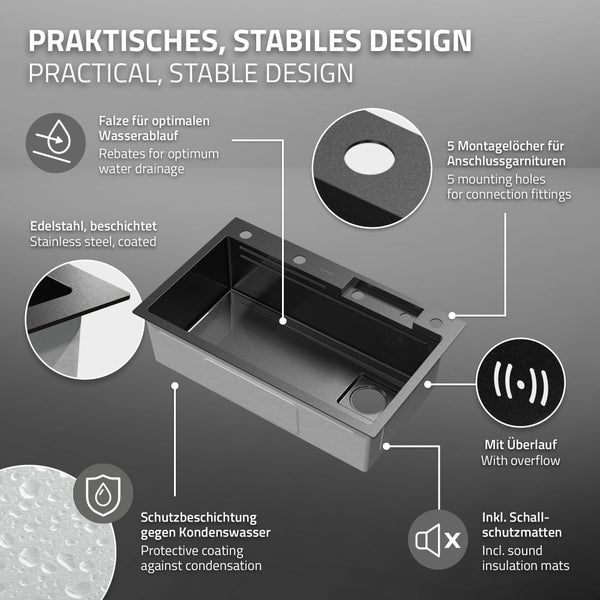 ML-Design Spülbecken Edelstahl 75x46 cm Anthrazit, Multifunktionale Küchenspüle rechteckig, Wasserfall Edelstahlspüle, Einbauspüle mit ausziehbarem Wasserhahn und anderem Zubehör, 1 Becken Waschbecken