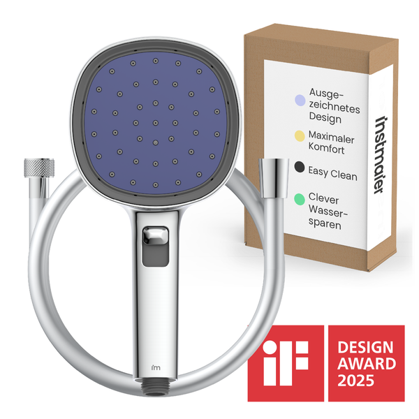 Instmaier Handbrause mit Brauseschlauch und Verpackung. Mit iF Design Award 2025, Wassersparfunktion und Easy Clean System.