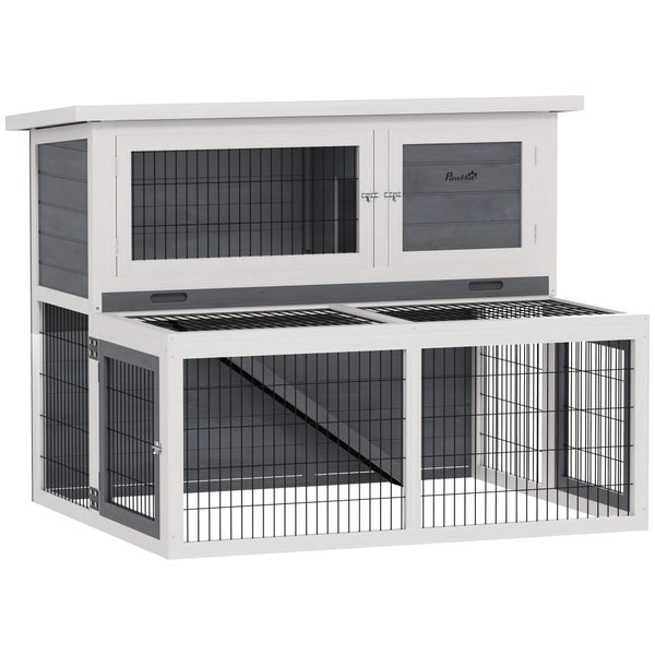 PawHut Hasenstall 2 Ebenen mit klappbar Dach Kaninchenstall aus Vollholz Winterfest Doppelstockhaus mit Freilaufgehege 122x95x93,5 cm Kaninchenkäfig Outdoor Kleintierstall für Hasen Kaninchen Grau
