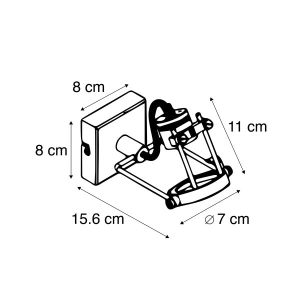 Abmessungen der Strahler Wandleuchte: 8 cm x 8 cm x 15,6 cm, Lampenschirm Durchmesser 7 cm, Höhe 11 cm.