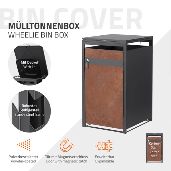 Mülltonnenbox aus pulverbeschichtetem Stahl mit Corten-Stahl-Front, Deckel, Magnetverschluss und erweiterbarem Design.
