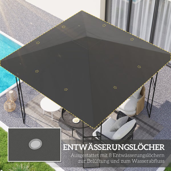 Pavillon mit anthrazitfarbenem Stoffdach, acht Entwässerungslöchern für Belüftung und Wasserabfluss, Gartenmöbel und Pool.