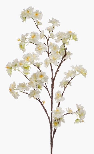 Künstlicher Kirschblütenzweig mit weißen Blüten und gelben Staubblättern für die Dekoration.