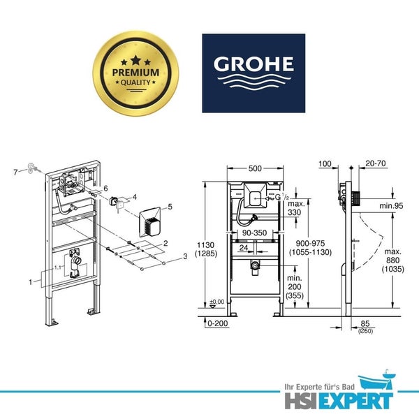 Grohe Logo, Premium Quality Siegel, und technische Zeichnung eines Sanitärinstallationssystems