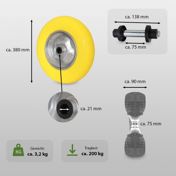 Pannensicheres Sackkarrenrad mit Achse und Maßen in Millimeter, 380 Millimeter Durchmesser, 200 Kilogramm Traglast und 3,2 Kilogramm Gewicht.