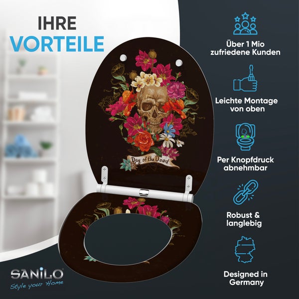 Sanilo Toilettensitz mit Day of the Dead Totenkopf und Blumen. Merkmale: Montage von oben, abnehmbar, robust und Design aus Deutschland.