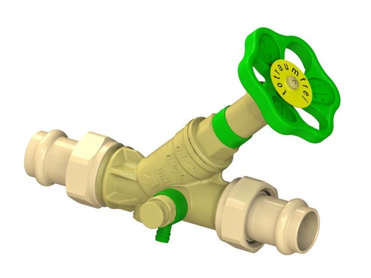 Schrägsitzventil mit Pressanschluss Nennweite 20 aus Messing mit grünem Handrad für Trinkwasser.