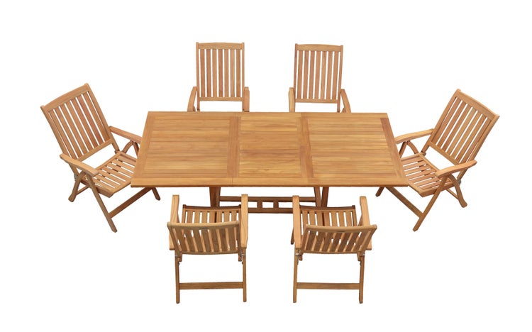 Teak Sitzgruppe 6 Hochlehner klappbar und 1 Tisch ausziehbar 160 x 100 cm im Set
