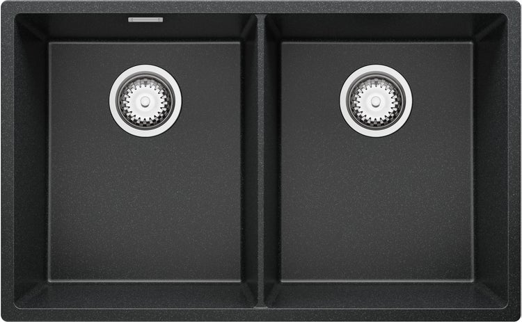 PRIMAGRAN Spülbecken Anthrazit 76x47cm, Granitspüle 2 Becken + Ablauf-Set, Küchenspüle ab 80er Unterschrank - London Slim Twin