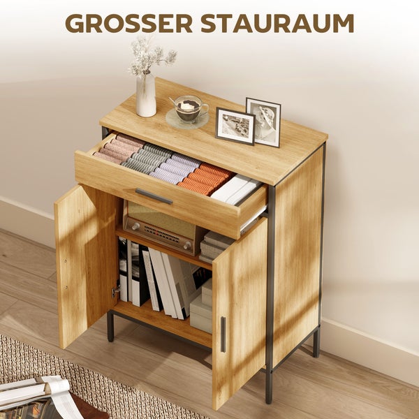 Sideboard aus Holz mit schwarzem Metallrahmen, offener Schublade und Türen, bietet viel Stauraum für Kleidung, Bücher und ein Radio.