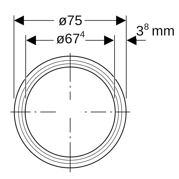 Maßzeichnung mit Außendurchmesser 75 Millimeter, Innendurchmesser 67,4 Millimeter und Stärke 3,8 Millimeter.