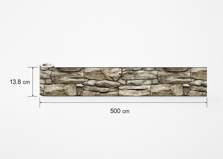 Tapetenbordüre in Steinoptik, 13,8 Zentimeter hoch und 500 Zentimeter lang, mit Abmessungen.