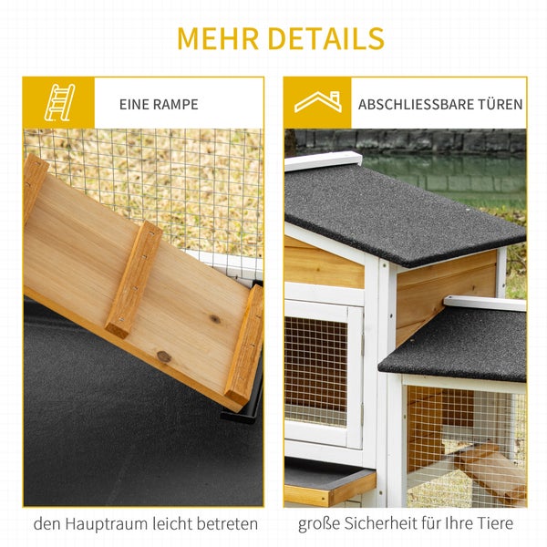 PawHut Kleintierstall Meerschweinchenstall mit Rampe Auslauf Zwergkaninchenstall mit Asphaltdach winterfest Zwergkaninchenkäfig Kleintierkäfig für draußen Tannenholz 230 x 53 x 93,5 cm Weiß