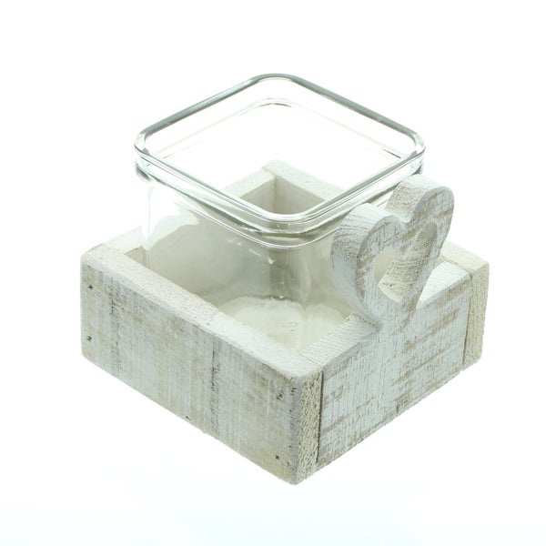 FRANK FLECHTWAREN | Windlicht White Heart, HOLZ, GLAS, 10 x 10 x 8,5 cm