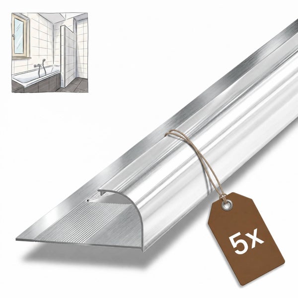 Fünf Stück Aluminium Fliesenschiene mit abgerundeter Kante zur Kantenverarbeitung im Badezimmer.