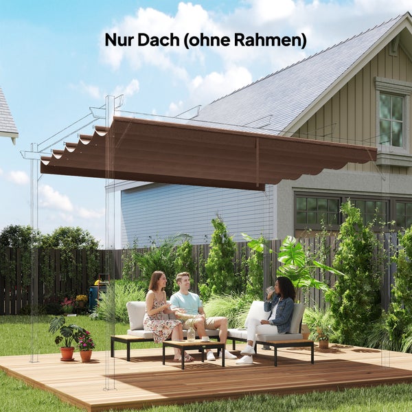Braunes Sonnendach für eine Pergola über einer Sitzecke auf einer Holzterrasse im Garten, nur das Dach ohne Rahmen.