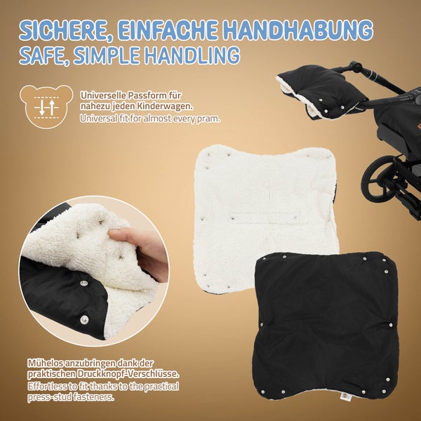 Joyz Kinderwagen Handwärmer, Schwarz, Kinderwagenmuff mit Warm Flanell Innenseite, Muff Atmungsaktiv Wasserdicht Winddicht, Handmuff Handschuhe Universalgröße für Kinderwagen & Buggy, Schutz der Hände