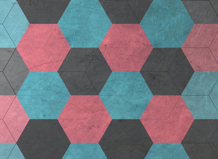Hexagonales Fliesenmuster mit abgenutzter Oberflächenstruktur im Industrie-Look.