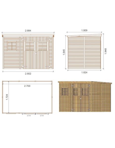 Technische Zeichnung eines Gartenhauses aus Holz mit Abmessungen für die Frontansicht, die Seitenansicht und den Grundriss.
