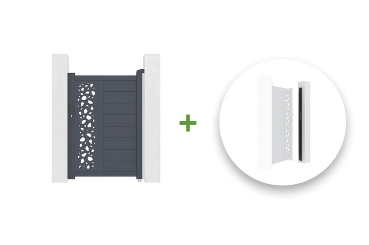 Anthrazitfarbenes Gartentor aus Aluminium mit Lochmuster und Querlatten inklusive passendem Zubehör für die Montage.