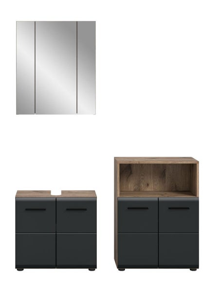 Badmöbel-Set 3-teilig: Spiegelschrank, Waschbeckenunterschrank und Beistellschrank in Eiche-Nachbildung und Anthrazit.