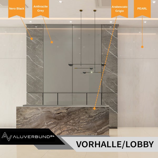 Eingangsbereich mit Marmoroptik in Anthrazitgrau, Nero Black, Arabescato Grigio und Pearl