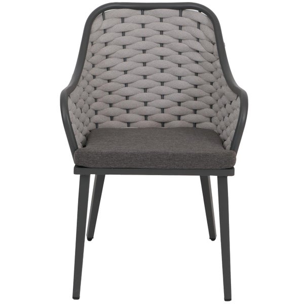 Gartenstuhl mit Armlehnen, geflochtener Rückenlehne und Sitzkissen