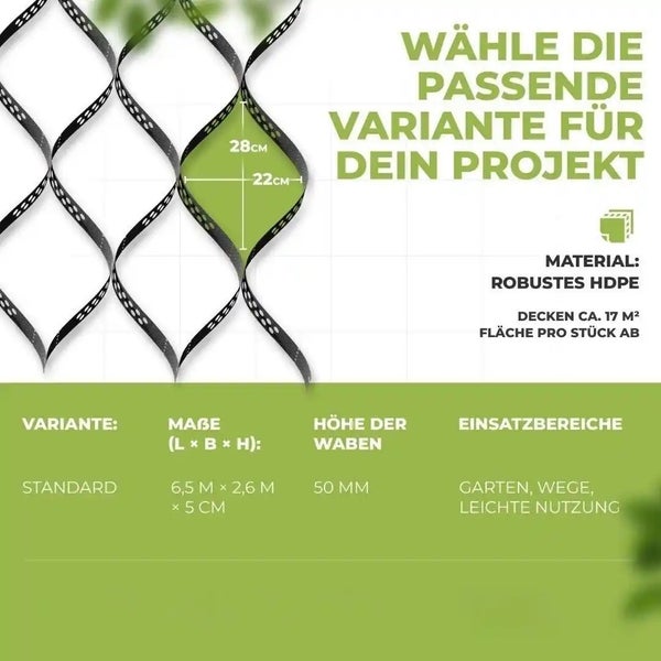 Infografik zur Rasengittermatte aus HDPE mit Maßangaben für Gartenwege und Flächenbefestigung.