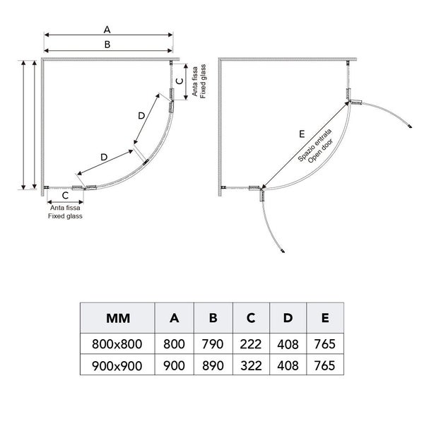 Technische Zeichnung einer Duschkabine mit Maßangaben