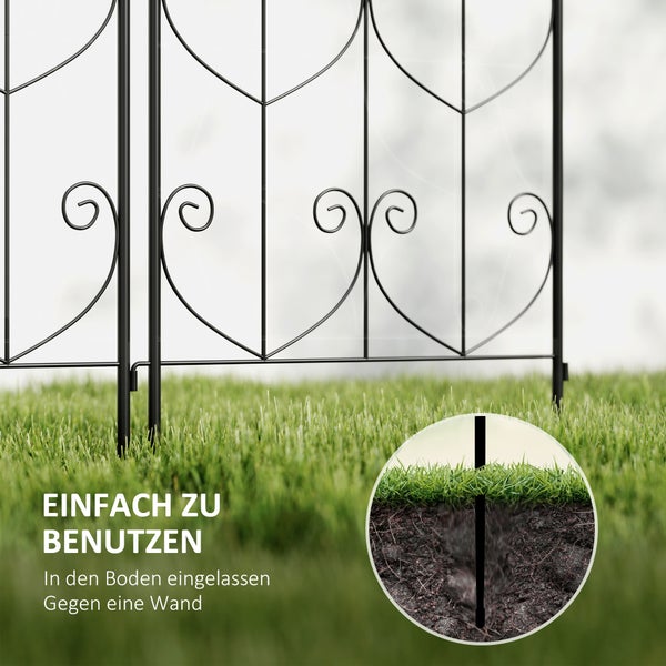 Schwarzes Metall-Rankgitter mit Ornamenten, im Rasen verankert. Detailansicht zeigt die Befestigung mittels Erdspieß im Boden.