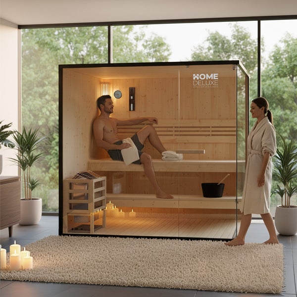 Moderne Heimsauna aus Holz mit Glasfront in einem hellen Wohnraum mit Mann auf der Saunabank und Frau im Bademantel davor