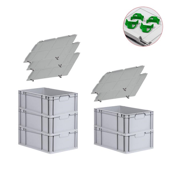 PROREGAL Spar Set 5x Eurobox Nextgen Economy Mit Auflagedeckel & 4x Schiebeschnappverschlüsse Grün Griffe Geschlossen HxBxT 22 x 40 x 60 cm 44 Liter