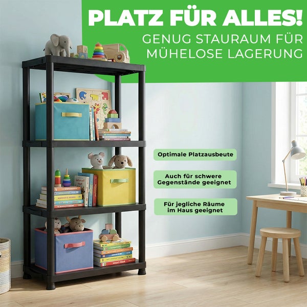 Schwarzes Kunststoffregal mit vier Etagen in einem hellen Kinderzimmer, organisiert mit Spielzeug, Büchern und bunten Aufbewahrungsboxen.