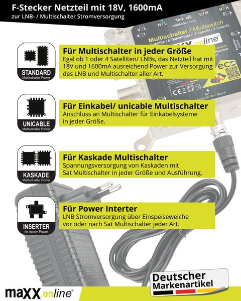 Universalnetzteil 18V, 1600mA mit F-Stecker, Steckernetzteil für Sat/unicable Multischalter Aller Art, Power Inserter, LNB Stromversorgung