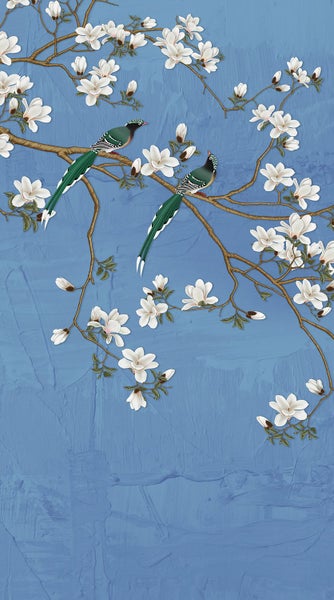 Dekoratives Wandbild mit Blüten und Vögeln auf einem Zweig.