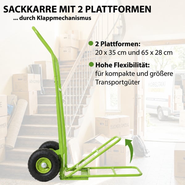 Sackkarre mit zwei klappbaren Plattformen für den Transport von Gütern in einem Umzugsszenario.