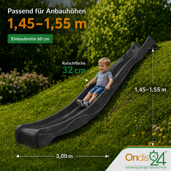 Kind auf dunkler Wellenrutsche, Anbauhöhe 1,45 bis 1,55 Meter, Länge 3,00 Meter, Einbaubreite 60 Zentimeter. Ondis24 Logo.