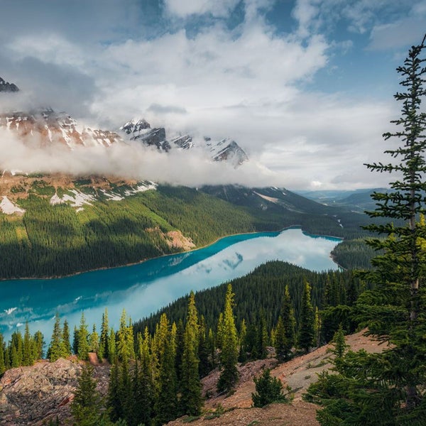 Landschaft mit See, Bergen und Wald