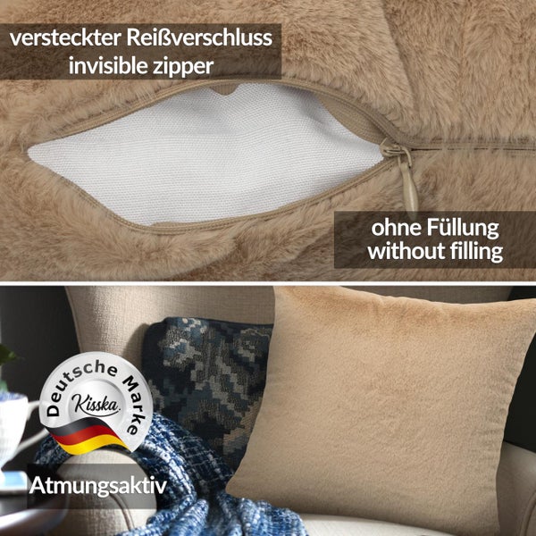 Kissenbezug aus Kunstfell mit verstecktem Reißverschluss ohne Füllung. Atmungsaktives Material. Kisska Logo.