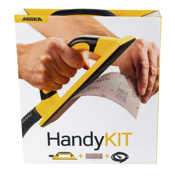 Mirka Handy Handschleifer Starter-Kit I Schleifklotz-Set mit Absaugung inkl 4m Absaugschlauch und 5 St. Mirka Abranet Netz-Schleifstreifen Klett Korn P80 P120 P180 I Staubfreies Schleifen I KIT01HANDY