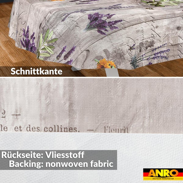 Abwaschbare Tischdecke mit Lavendel-Motiv, Holzoptik und Vliesrücken. Detailansicht der Schnittkante und der Vlies-Rückseite. ANRO Logo.