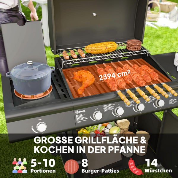 Outsunny Gasgrill 15,2 KW Grillwagen inkl 5 Edelstahl-Brenner Rolle Seitenkocher Druckminderer Gasschlauch Deckel Thermometer Seitenablagen, BBQ Gartengrill für Balkon, Grill 129,5 x 56 x 110 cm